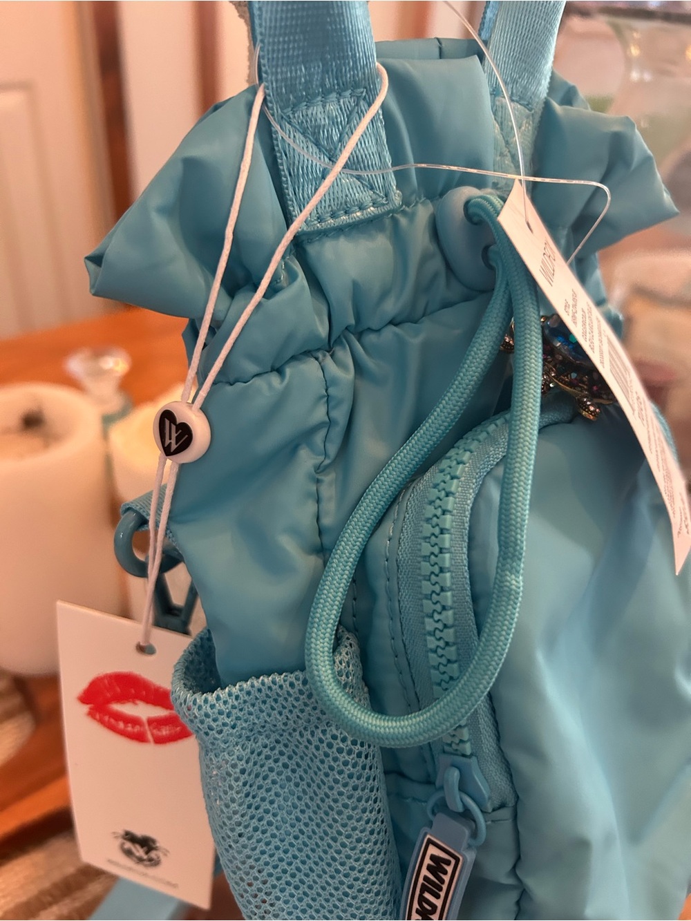 Turquoise Blue Women's Drawstring Mini Backpack - Picture 5 of 7
